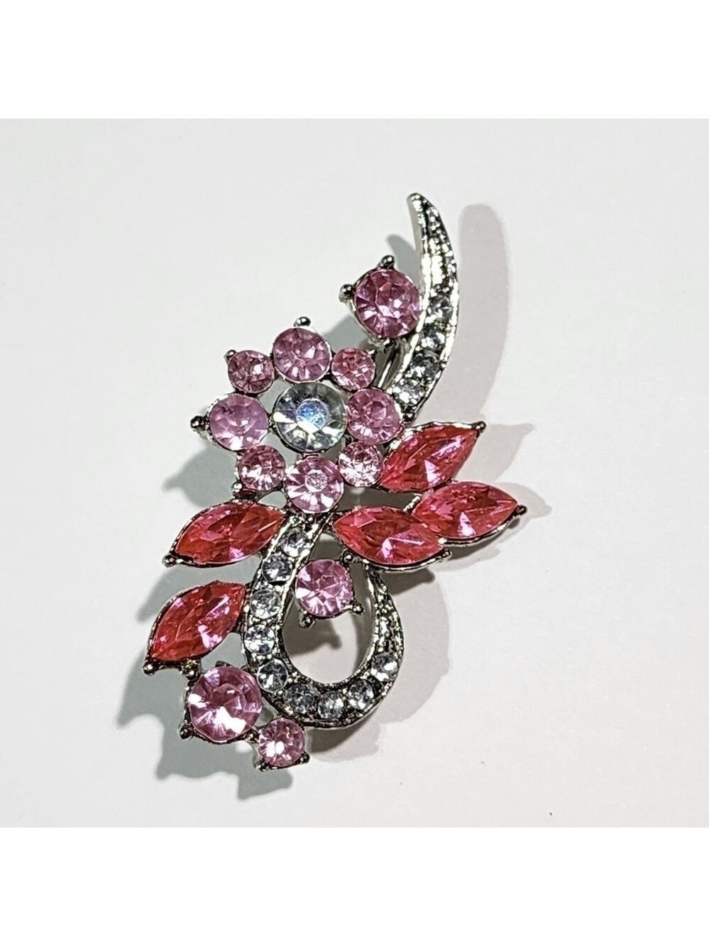 Vintage Pink floral costume brooch Silvertone